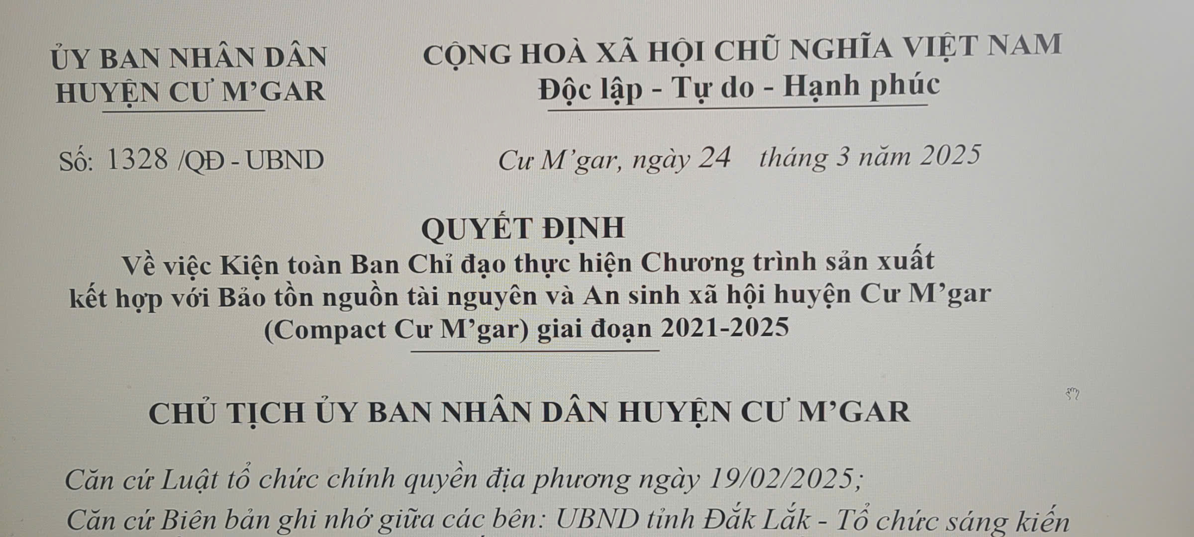 Về việc Kiện toàn Ban Chỉ đạo thực hiện Chương trình sản xuất kết hợp với Bảo tồn nguồn tài nguyên và An sinh xã hội huyện Cư M’gar (Compact Cư M’gar) giai đoạn 2021-2025